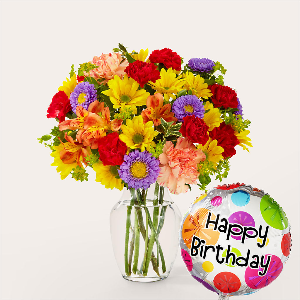 Kaleidoscope Bouquet with Birthday Balloon – La Veranera Flower Shop, Nashville TN